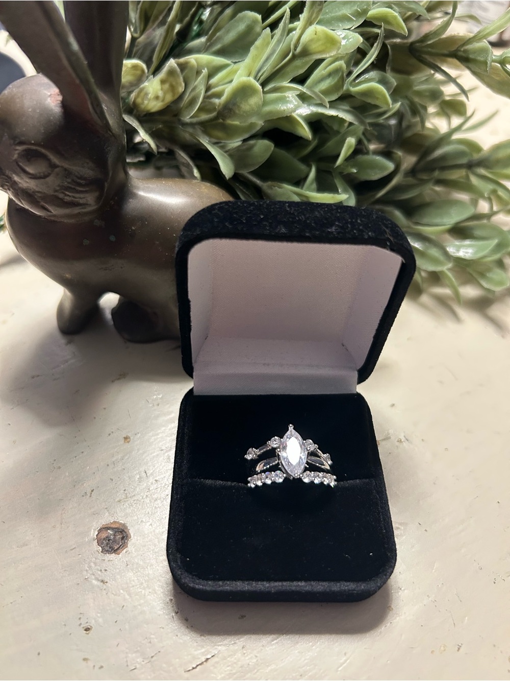 Stainless Steel Marquise-Cut Cubic Zirconia Bridal Ring Set - Free earrings